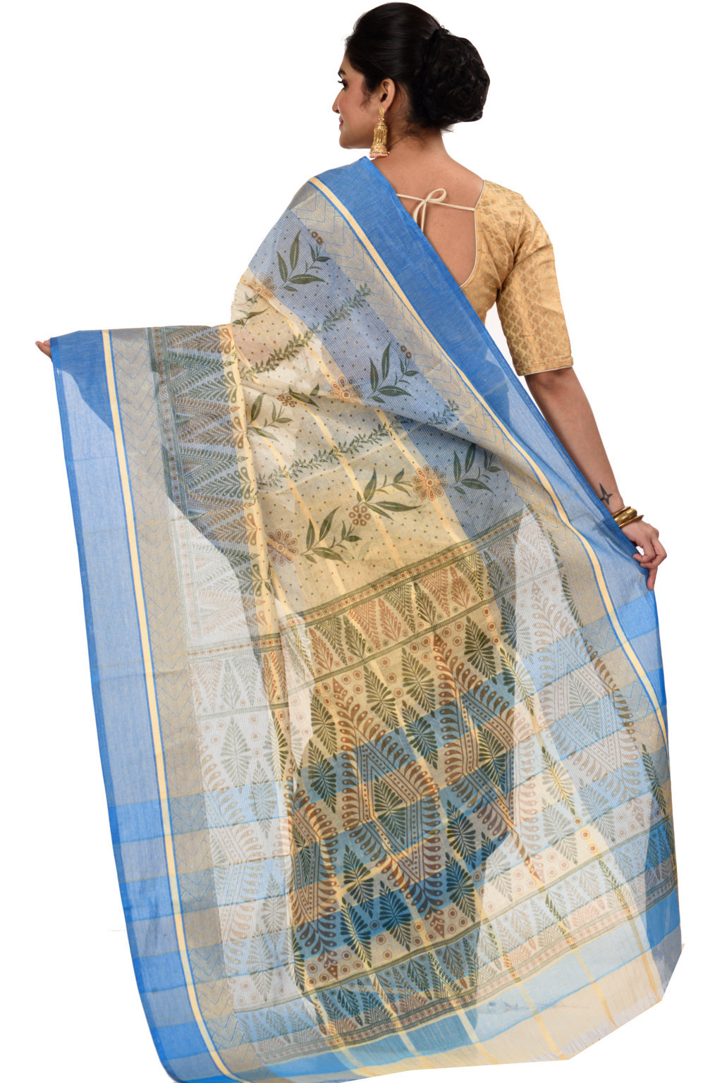 Blue Pure Cotton Lata Pata Tant Saree Print (437)